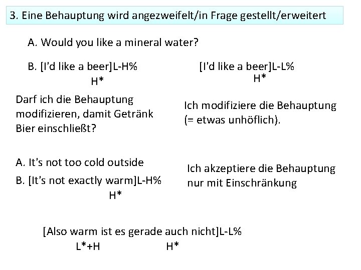 3. Eine Behauptung wird angezweifelt/in Frage gestellt/erweitert A. Would you like a mineral water?