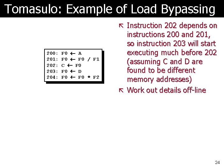 Tomasulo: Example of Load Bypassing ã Instruction 202 depends on 200: 201: 202: 203: