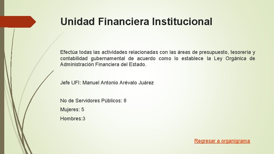 Unidad Financiera Institucional Efectúa todas las actividades relacionadas con las áreas de presupuesto, tesorería