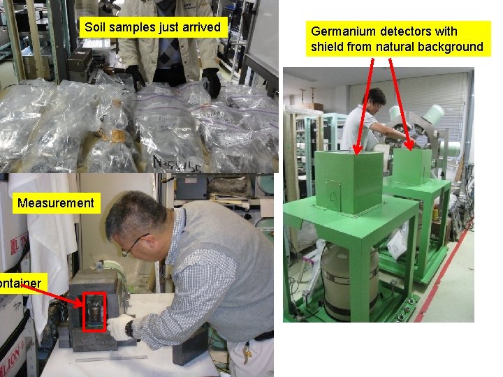 Soil samples just arrived Measurement ontainer Germanium detectors with shield from natural background 