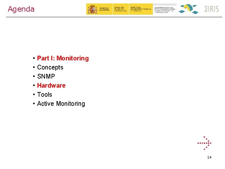 Agenda • • • Part I: Monitoring Concepts SNMP Hardware Tools Active Monitoring 14