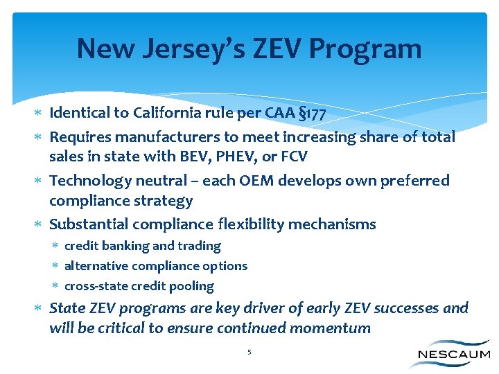 New Jersey’s ZEV Program Identical to California rule per CAA § 177 Requires manufacturers