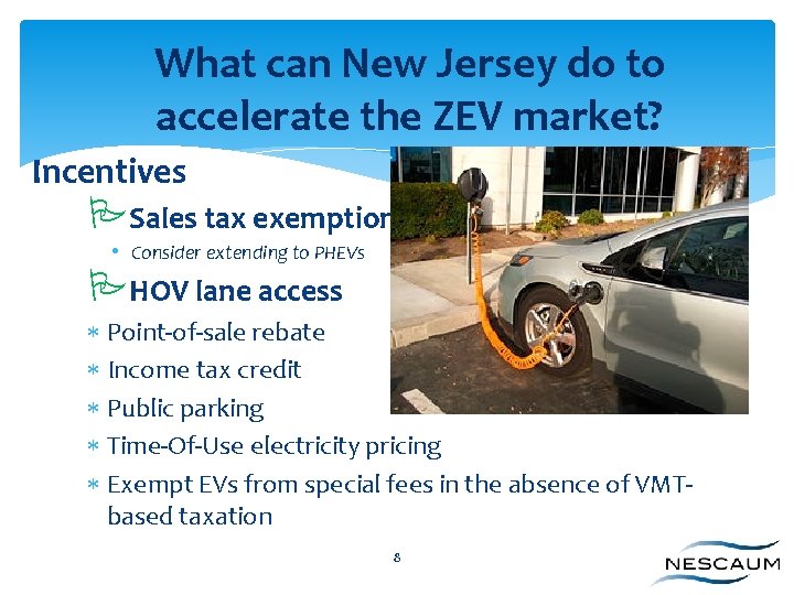 What can New Jersey do to accelerate the ZEV market? Incentives Sales tax exemption