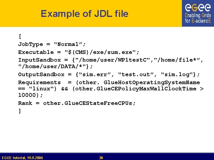 Example of JDL file [ Job. Type = “Normal”; Executable = "$(CMS)/exe/sum. exe"; Input.