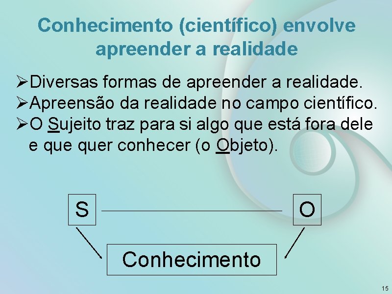 Conhecimento (científico) envolve apreender a realidade ØDiversas formas de apreender a realidade. ØApreensão da