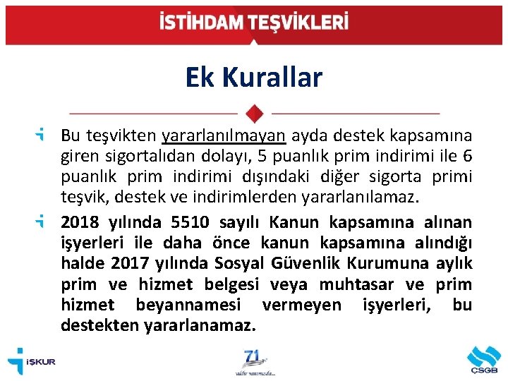 Ek Kurallar Bu teşvikten yararlanılmayan ayda destek kapsamına giren sigortalıdan dolayı, 5 puanlık prim