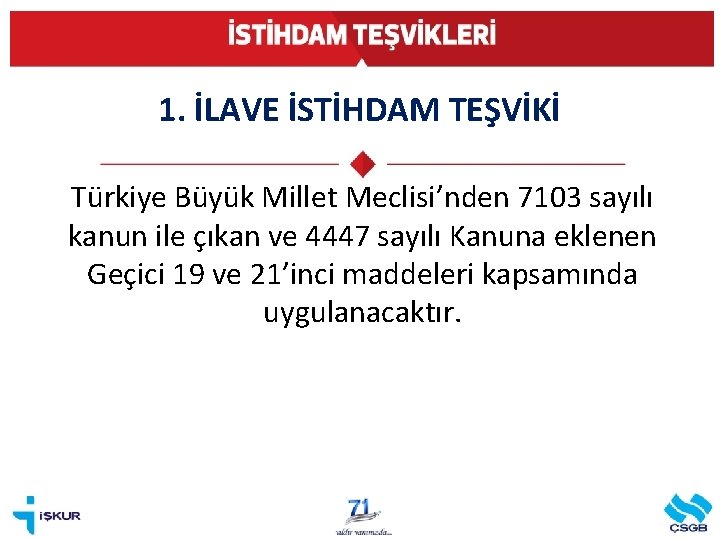 1. İLAVE İSTİHDAM TEŞVİKİ Türkiye Büyük Millet Meclisi’nden 7103 sayılı kanun ile çıkan ve