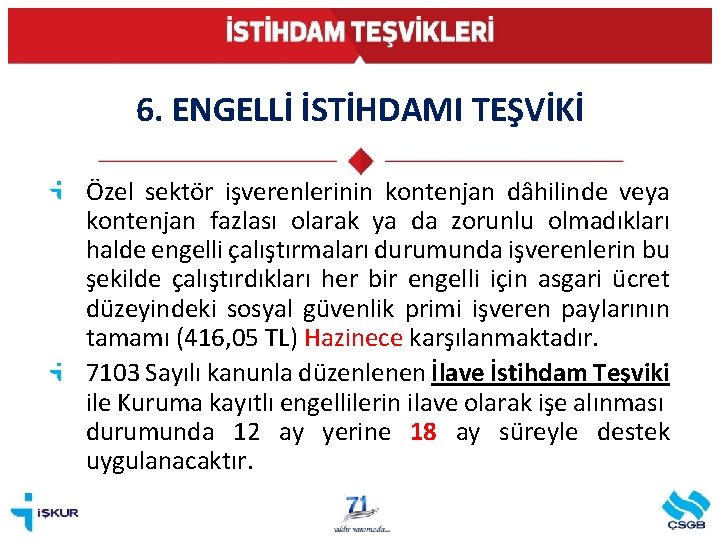 6. ENGELLİ İSTİHDAMI TEŞVİKİ Özel sektör işverenlerinin kontenjan dâhilinde veya kontenjan fazlası olarak ya