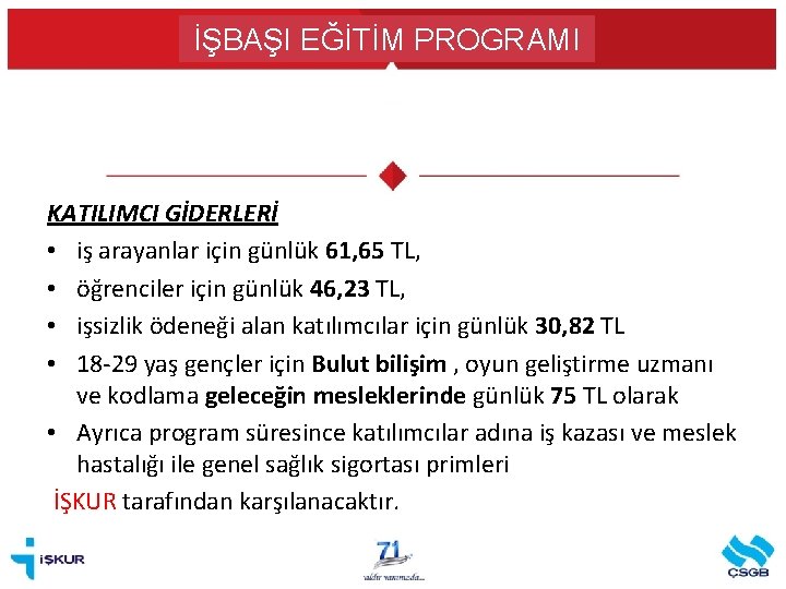 İŞBAŞI EĞİTİM PROGRAMI KATILIMCI GİDERLERİ • iş arayanlar için günlük 61, 65 TL, •