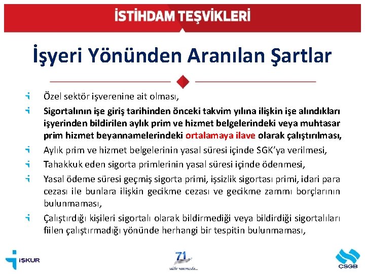 İşyeri Yönünden Aranılan Şartlar Özel sektör işverenine ait olması, Sigortalının işe giriş tarihinden önceki