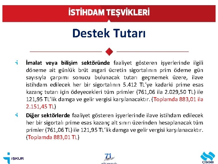 Destek Tutarı İmalat veya bilişim sektöründe faaliyet gösteren işyerlerinde ilgili döneme ait günlük brüt