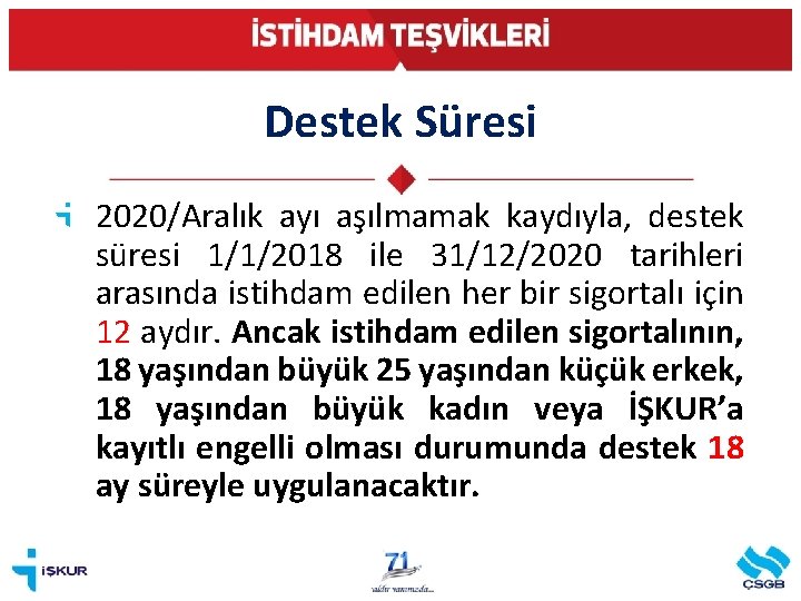 Destek Süresi 2020/Aralık ayı aşılmamak kaydıyla, destek süresi 1/1/2018 ile 31/12/2020 tarihleri arasında istihdam