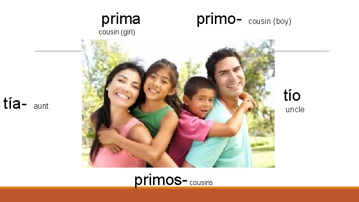 prima primo- cousin (boy) cousin (girl) tía- tío aunt uncle primos- cousins 