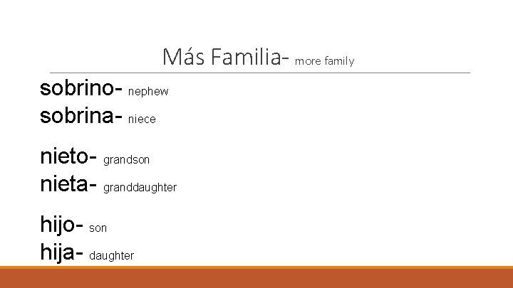 Más Familia- more family sobrino- nephew sobrina- niece nieto- grandson nieta- granddaughter hijo- son