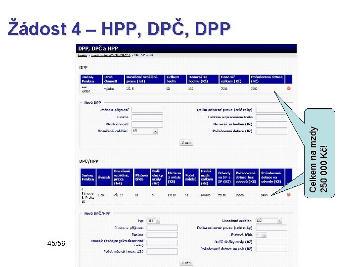 Celkem na mzdy 250 000 Kč! Žádost 4 – HPP, DPČ, DPP 45/56 