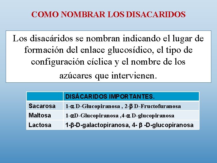 COMO NOMBRAR LOS DISACARIDOS Los disacáridos se nombran indicando el lugar de formación del