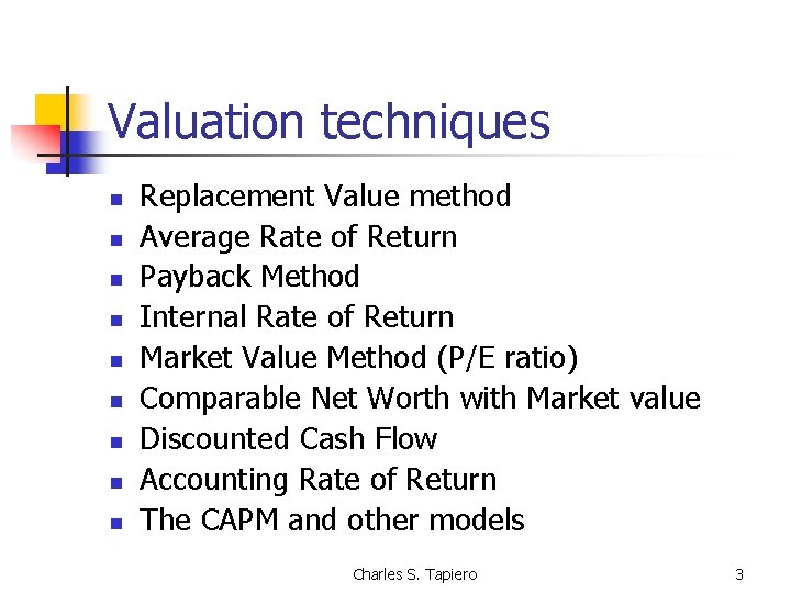 Valuation techniques n n n n n Replacement Value method Average Rate of Return