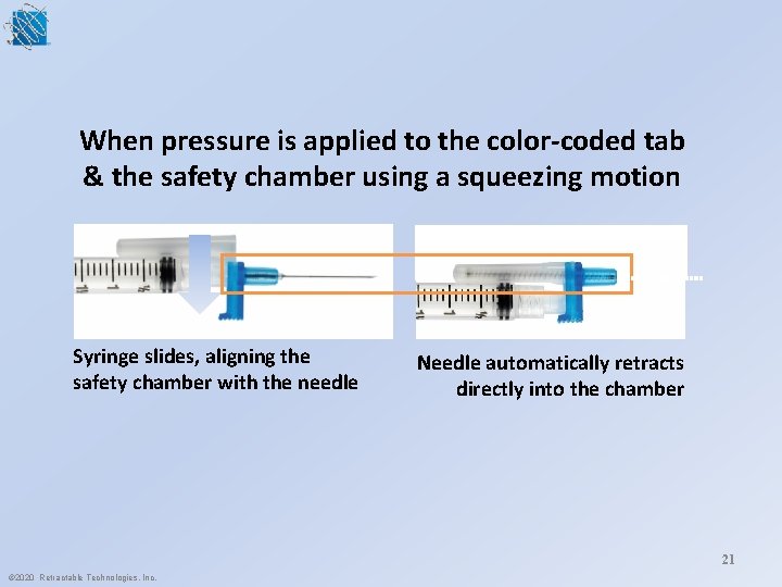 When pressure is applied to the color-coded tab & the safety chamber using a