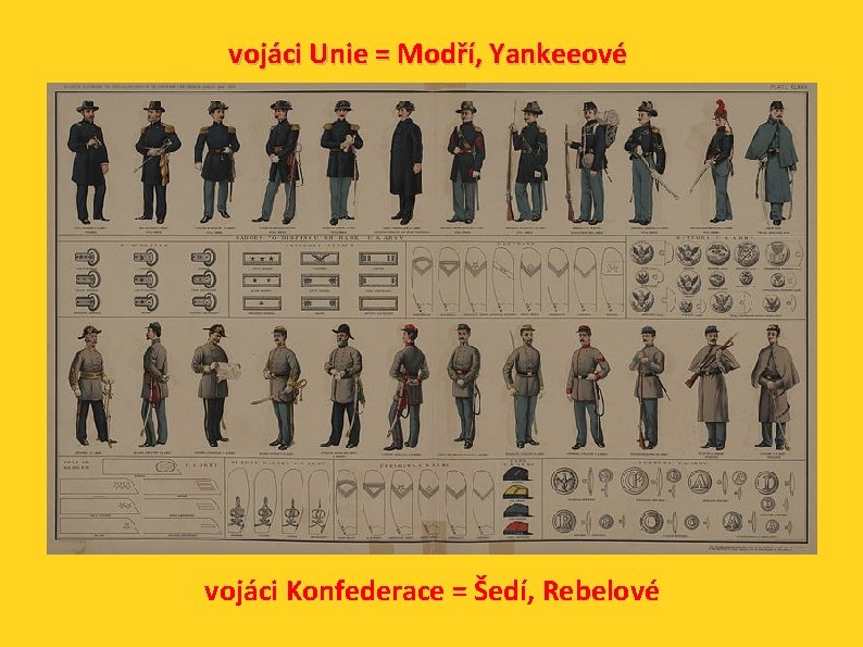 vojáci Unie = Modří, Yankeeové vojáci Konfederace = Šedí, Rebelové 