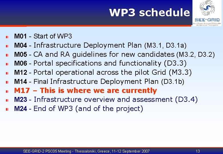 WP 3 schedule M 01 - Start of WP 3 M 04 - Infrastructure