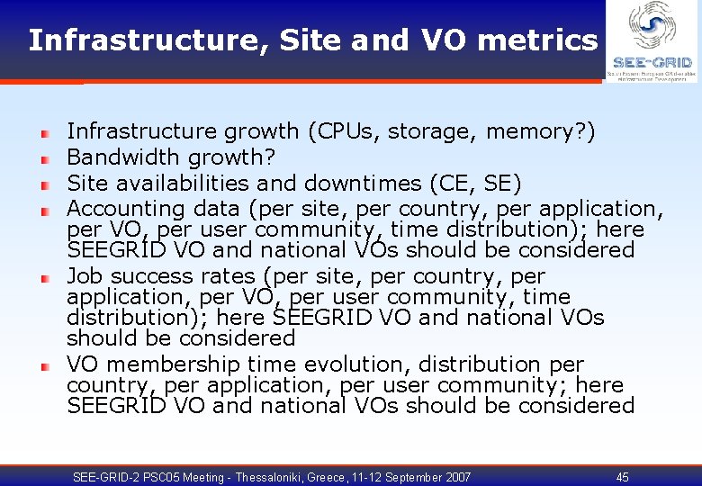 Infrastructure, Site and VO metrics Infrastructure growth (CPUs, storage, memory? ) Bandwidth growth? Site
