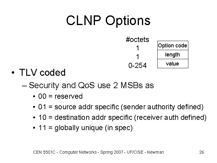 CLNP Options • TLV coded #octets 1 1 0 -254 Option code length value