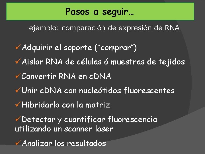 Pasos seguir… Pasos aa seguir… ejemplo: comparación de expresión de RNA üAdquirir el soporte