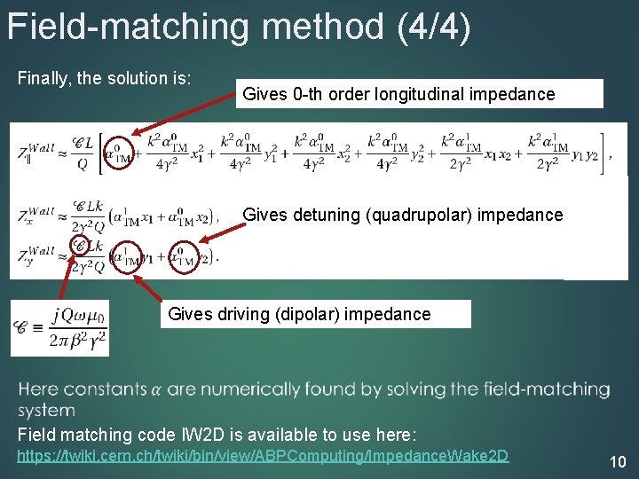 Field-matching method (4/4) Finally, the solution is: Gives 0 -th order longitudinal impedance Gives
