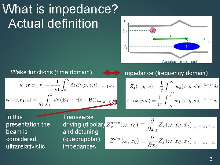 What is impedance? Actual definition Wake functions (time domain) In this presentation the beam