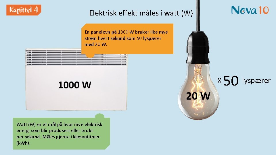 Elektrisk effekt måles i watt (W) En panelovn på 1000 W bruker like mye