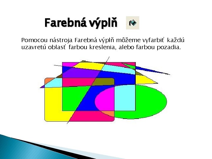 Farebná výplň Pomocou nástroja Farebná výplň môžeme vyfarbiť každú uzavretú oblasť farbou kreslenia, alebo