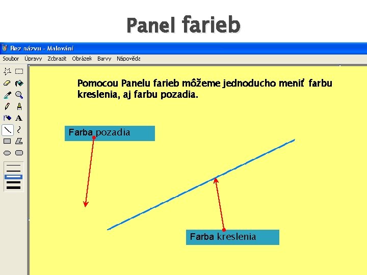 Panel farieb Pomocou Panelu farieb môžeme jednoducho meniť farbu kreslenia, aj farbu pozadia. Farba