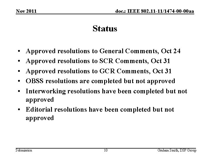 Nov 2011 doc. : IEEE 802. 11 -11/1474 -00 -00 aa Status • •