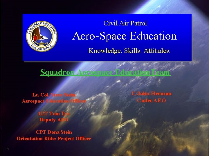 Civil Air Patrol Aero-Space Education Knowledge. Skills. Attitudes. Squadron Aerospace Education. Team Lt. Col.