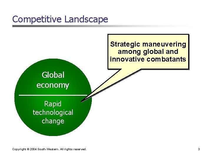 Competitive Landscape Strategic maneuvering among global and innovative combatants Global economy Rapid technological change