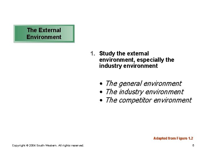 The External Environment 1. Study the external environment, especially the industry environment • The