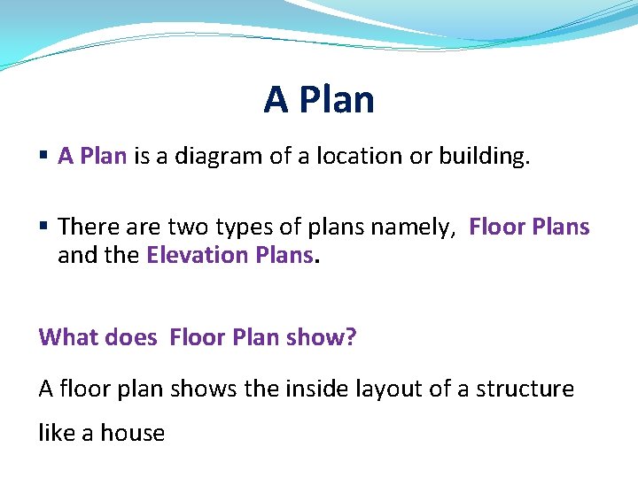 A Plan § A Plan is a diagram of a location or building. §