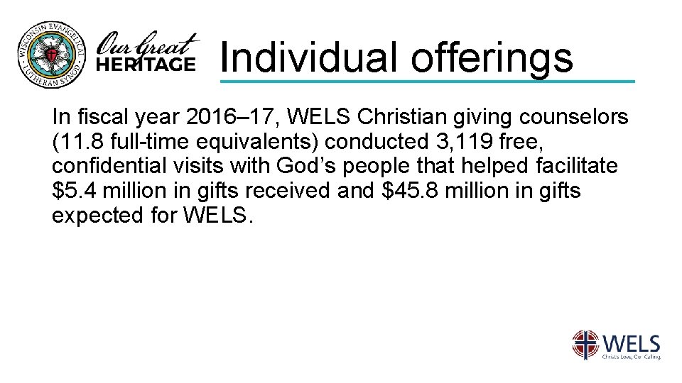 Individual offerings In fiscal year 2016– 17, WELS Christian giving counselors (11. 8 full-time