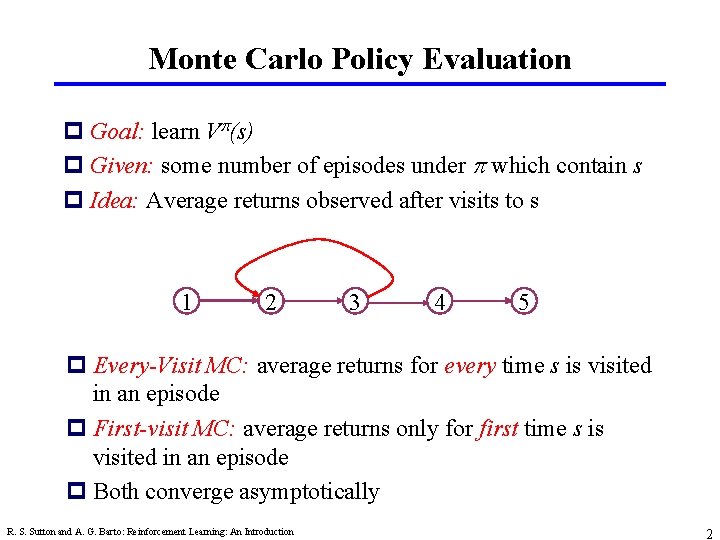 Monte Carlo Policy Evaluation p Goal: learn Vp(s) p Given: some number of episodes