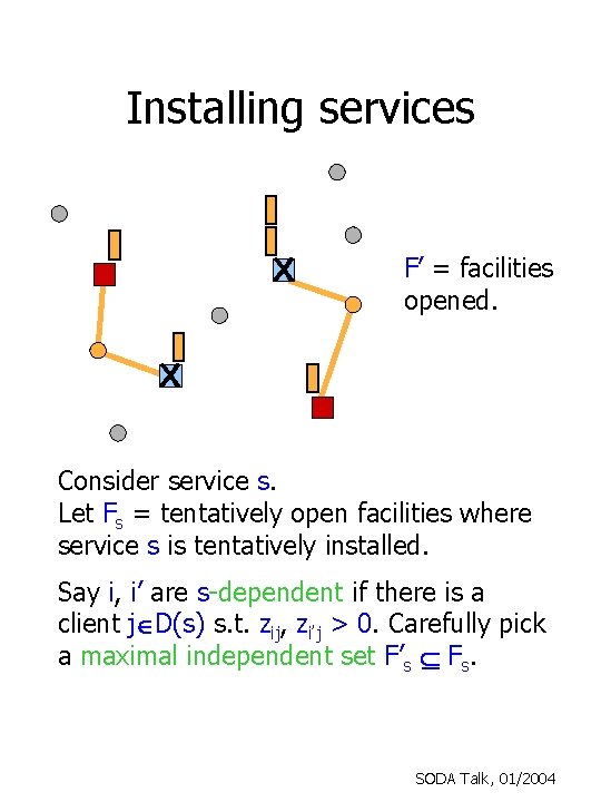 Installing services X F’ = facilities opened. X Consider service s. Let Fs =