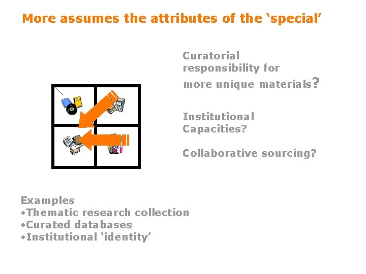 More assumes the attributes of the ‘special’ Curatorial responsibility for more unique materials? Institutional