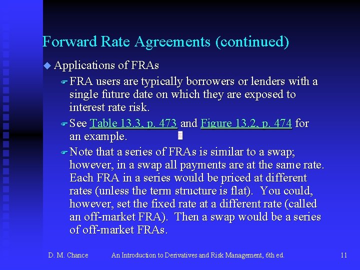 Forward Rate Agreements (continued) u Applications of FRAs F FRA users are typically borrowers