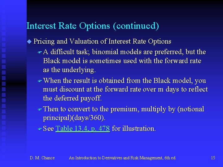 Interest Rate Options (continued) u Pricing and Valuation of Interest Rate Options FA difficult