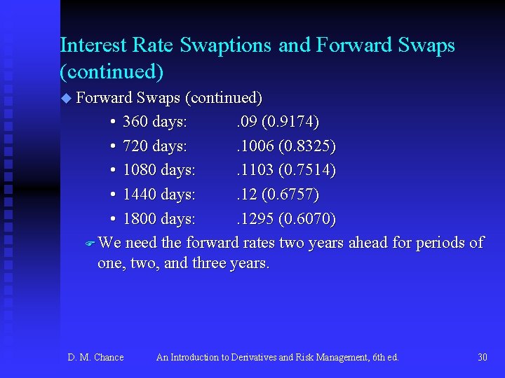 Interest Rate Swaptions and Forward Swaps (continued) u Forward Swaps (continued) • 360 days: