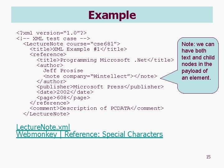 Example <? xml version=“ 1. 0”? > <!-- XML test case --> <Lecture. Note