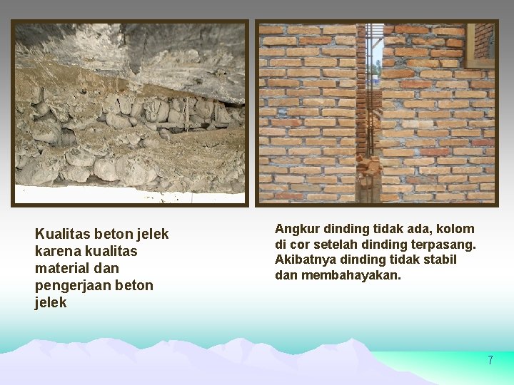 Kualitas beton jelek karena kualitas material dan pengerjaan beton jelek Angkur dinding tidak ada,