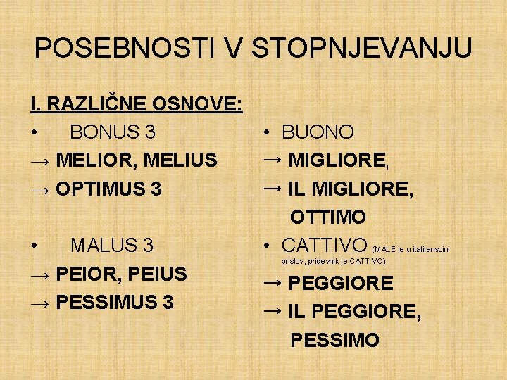 POSEBNOSTI V STOPNJEVANJU I. RAZLIČNE OSNOVE: • BONUS 3 → MELIOR, MELIUS → OPTIMUS