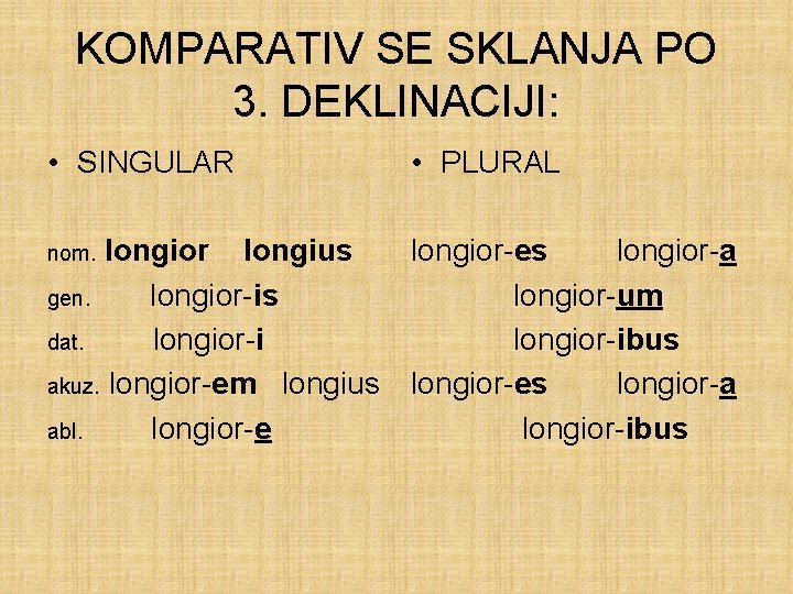 KOMPARATIV SE SKLANJA PO 3. DEKLINACIJI: • SINGULAR • PLURAL longior longius gen. longior-is