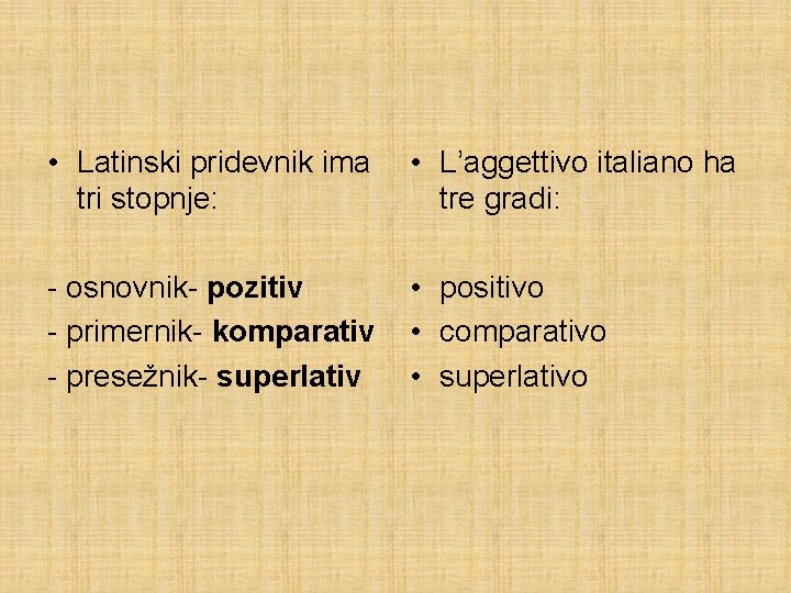  • Latinski pridevnik ima tri stopnje: • L’aggettivo italiano ha tre gradi: -