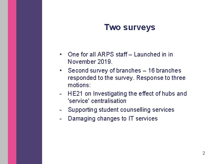 Two surveys • One for all ARPS staff – Launched in in November 2019.